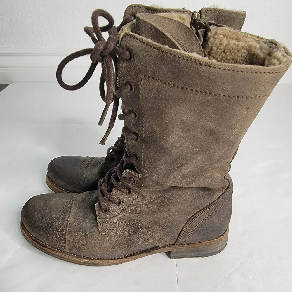 Allsaints 38/8 Distressed Military Combat Boots Leather Suede Faux Fur Lined - Picture 1 of 10